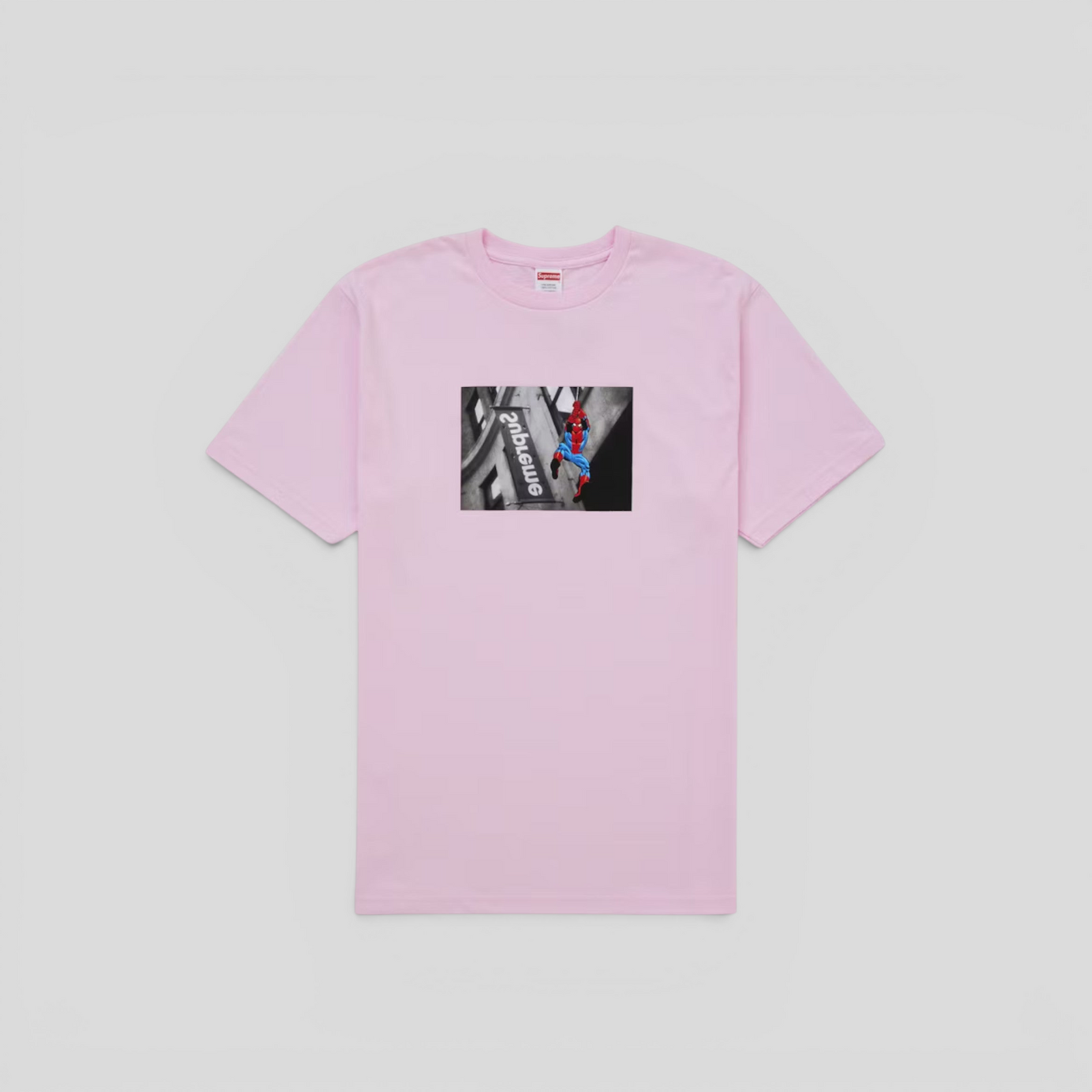 CLB XXIII pink 100% cotton Supreme Spider-Man graphic t-shirt with a black and white city scene print