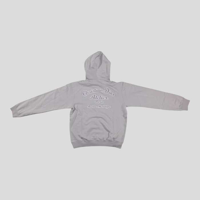 CLB XXIII purple Christian Dior Atelier cotton hoodie with back embroidery featuring Paris and Avenue Montaigne text