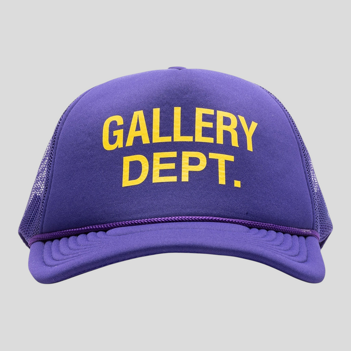 CLB XXIII purple trucker hat with yellow GALLERY DEPT. logo lettering and mesh back panel