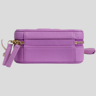 CLB XXIII purple quilted caviar leather Chanel CC Filigree vanity case side view with gold zipper hardware