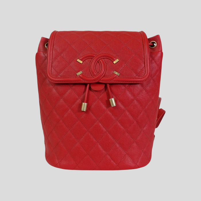 CLB XXIII red Chanel Caviar leather Filigree backpack with quilted pattern and CC logo hardware