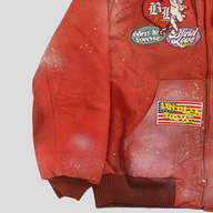 CLB XXIII red patchwork Carhartt work jacket with distressed paint splatter and Blind Love embroidered patches