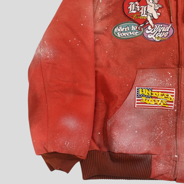 CLB XXIII red patchwork Carhartt work jacket with distressed paint splatter and Blind Love embroidered patches