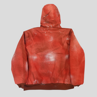CLB XXIII Blind Love red patchwork Carhartt work jacket with a distressed paint splatter finish and hood, back view.