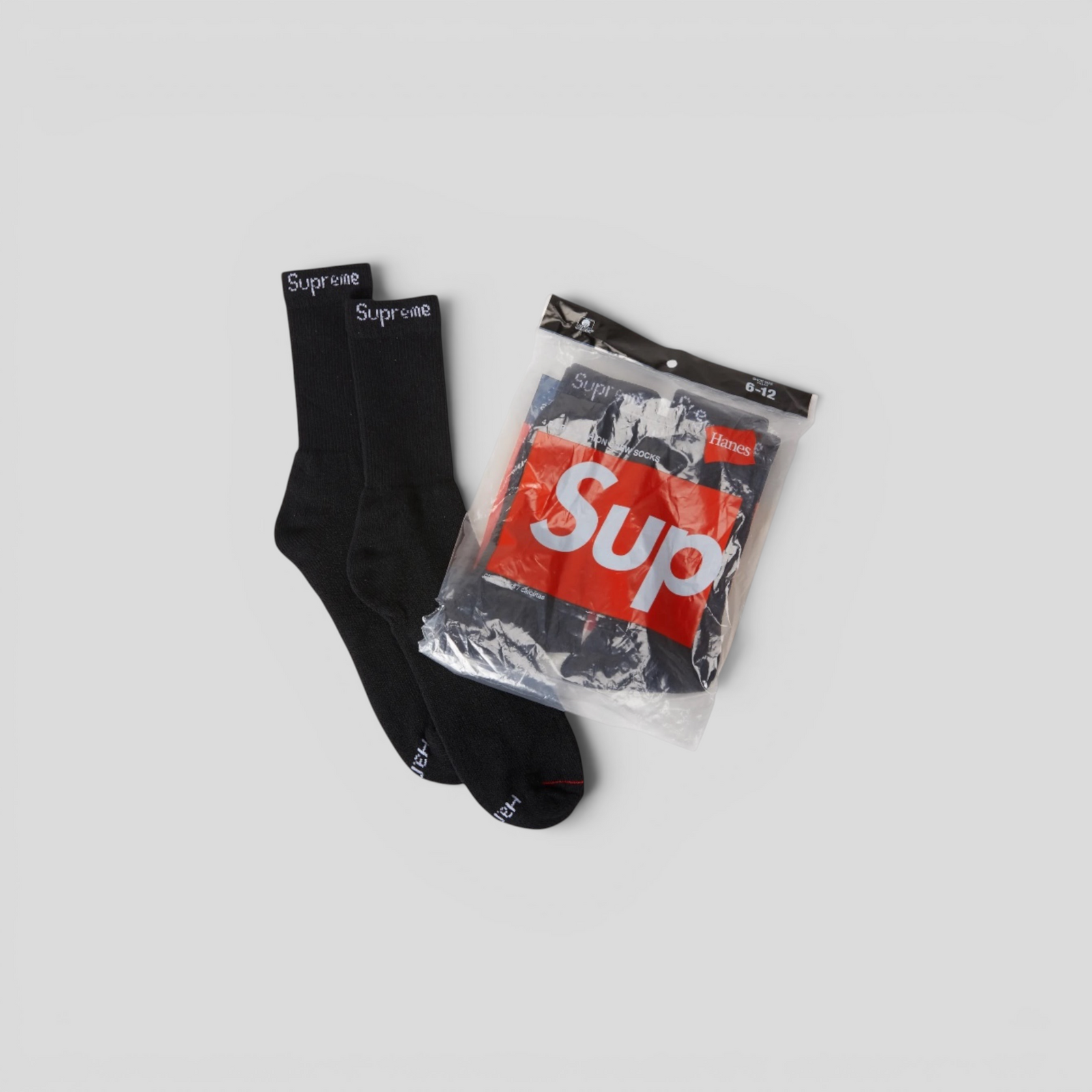 CLB XXIII black Supreme Hanes crew socks with white logo branding, size 6-12, cotton blend fabric.
