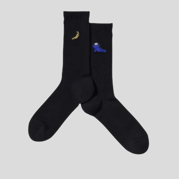 CLB XXIII Uniqlo Kaws X Warhol black cotton blend crew socks with embroidered banana and character graphic details