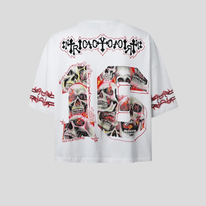 CLB XXIII white cotton football jersey featuring a large skull graphic print and gothic lettering on the back