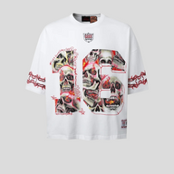 CLB XXIII white cotton football jersey featuring a large skull screenprint graphic and embroidered chest patch.