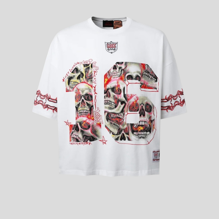 CLB XXIII white cotton football jersey featuring a large skull screenprint graphic and embroidered chest patch.