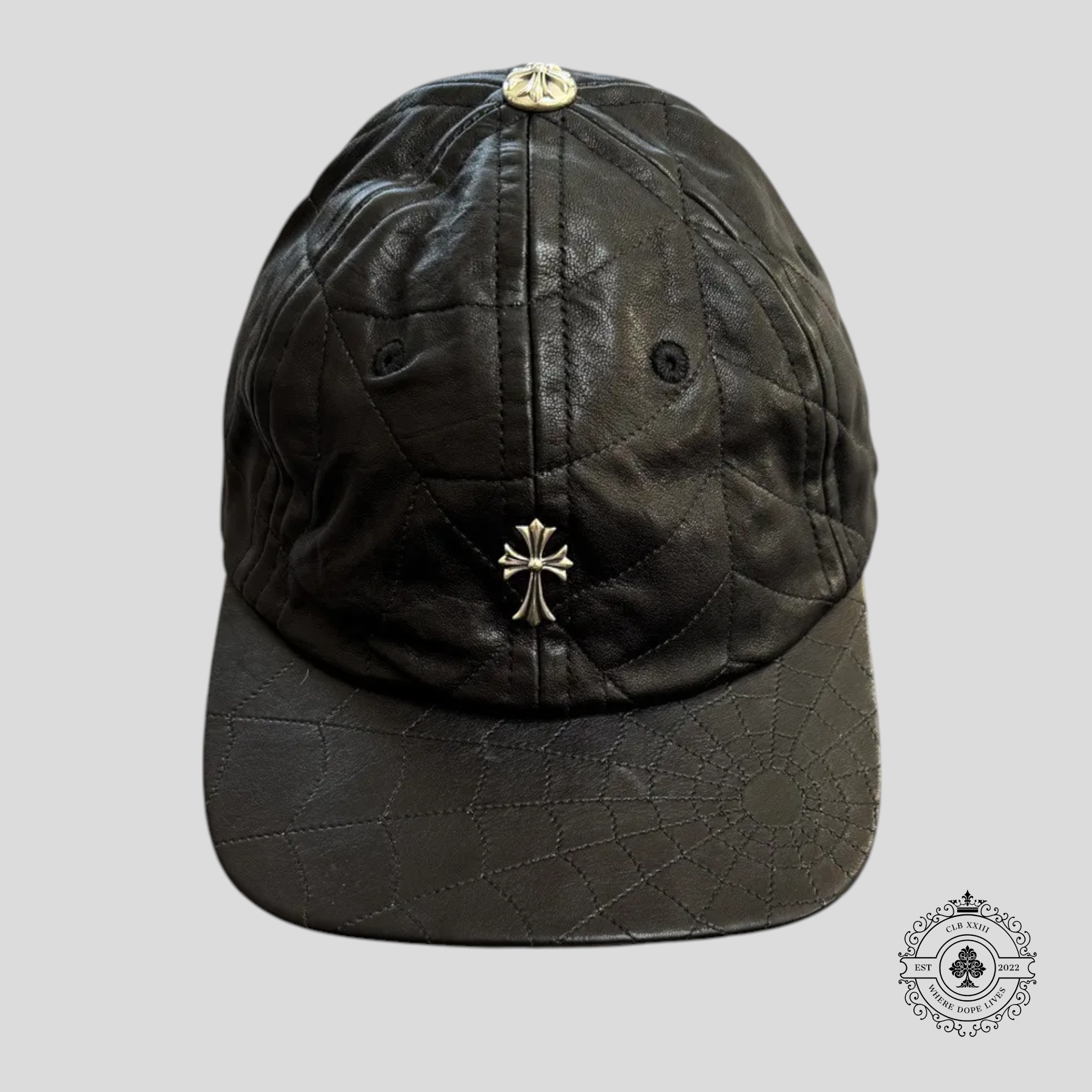 Chrome Hearts Spider Web Silver Cross Gromet Leather Hat in Black