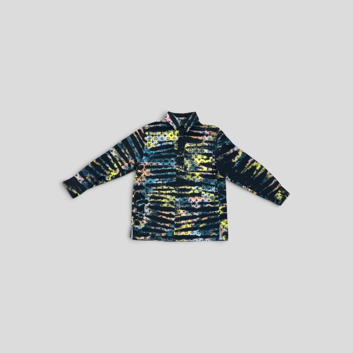 CLB XXIII Louis Vuitton tie-dye monogram denim overshirt in 100% cotton with a vibrant multi-color striped pattern.