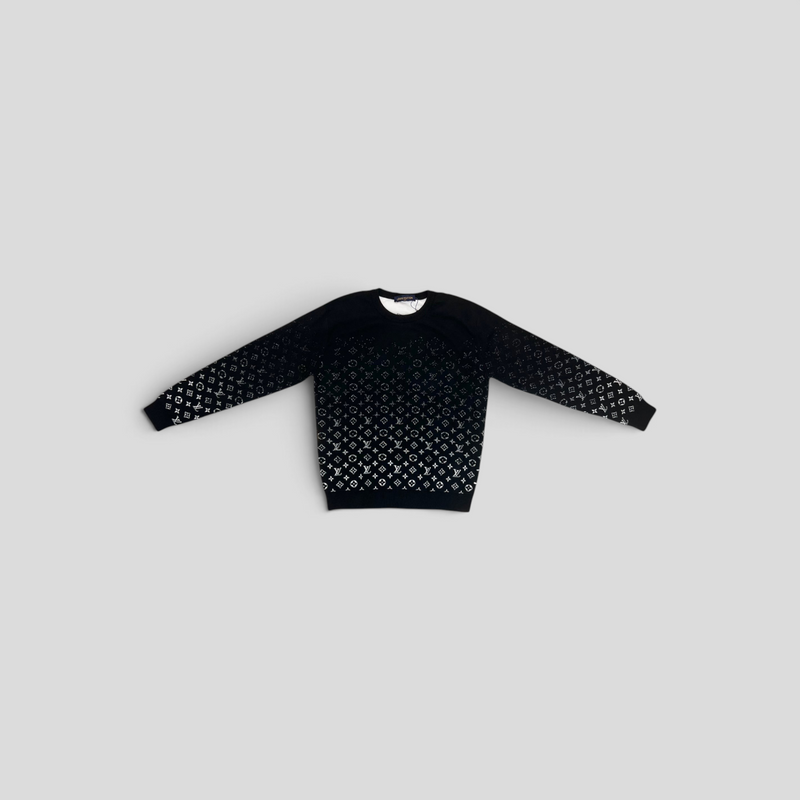 CLB XXIII Louis Vuitton black cotton long sleeve knit sweater with a white monogram degrade pattern