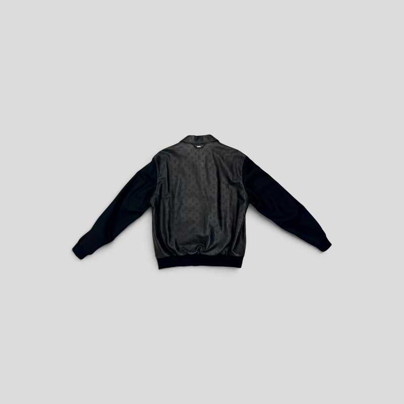 CLB XXIII Louis Vuitton black blouson jacket featuring embossed monogram lambskin leather and wool sleeves