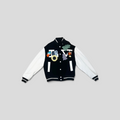 CLB XXIII Louis Vuitton varsity jacket in black wool and white cowhide leather with colorful crochet floral patches.