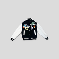 CLB XXIII Louis Vuitton varsity jacket in black wool and white cowhide leather with colorful crochet floral patches.