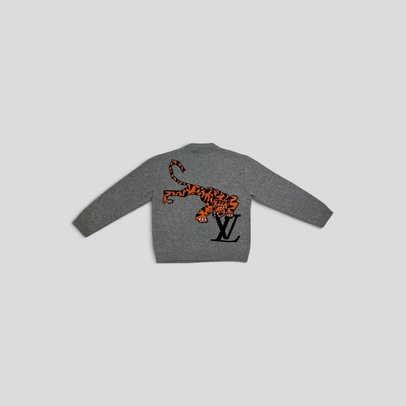 CLB XXIII grey Louis Vuitton wool pullover sweater featuring an orange tiger intarsia design and black LV logo