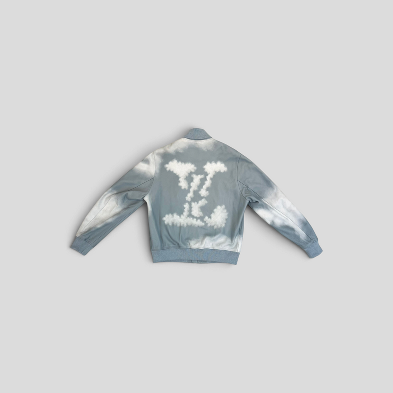 CLB XXIII Louis Vuitton blue calfskin bomber jacket featuring a white cloud print and back logo detail