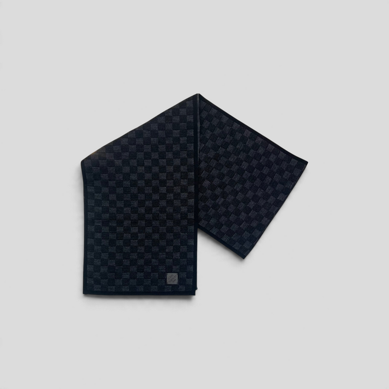 CLB XXIII Louis Vuitton black Damier wool scarf with a subtle checkered pattern and branded corner tab
