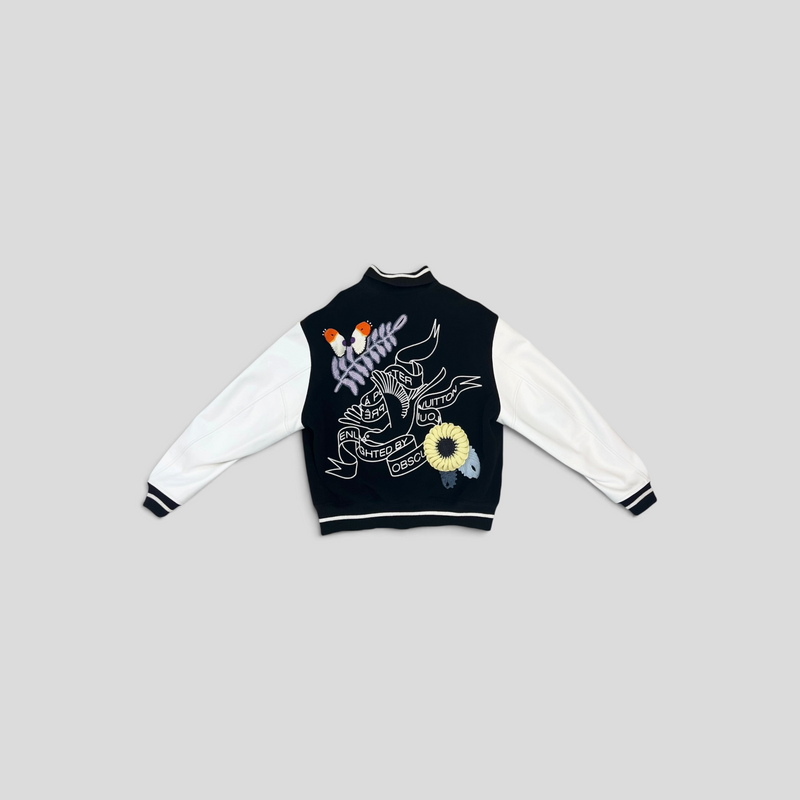 CLB XXIII Louis Vuitton varsity jacket with black wool body, white cowhide sleeves, and back crochet floral graphic.