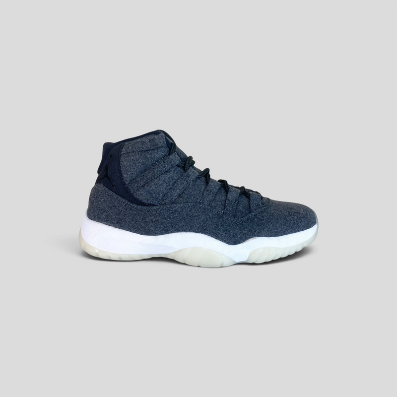 CLB XXIII Air Jordan 11 Retro Wool Grey sample sneaker in dark grey wool with a white midsole and translucent outsole.