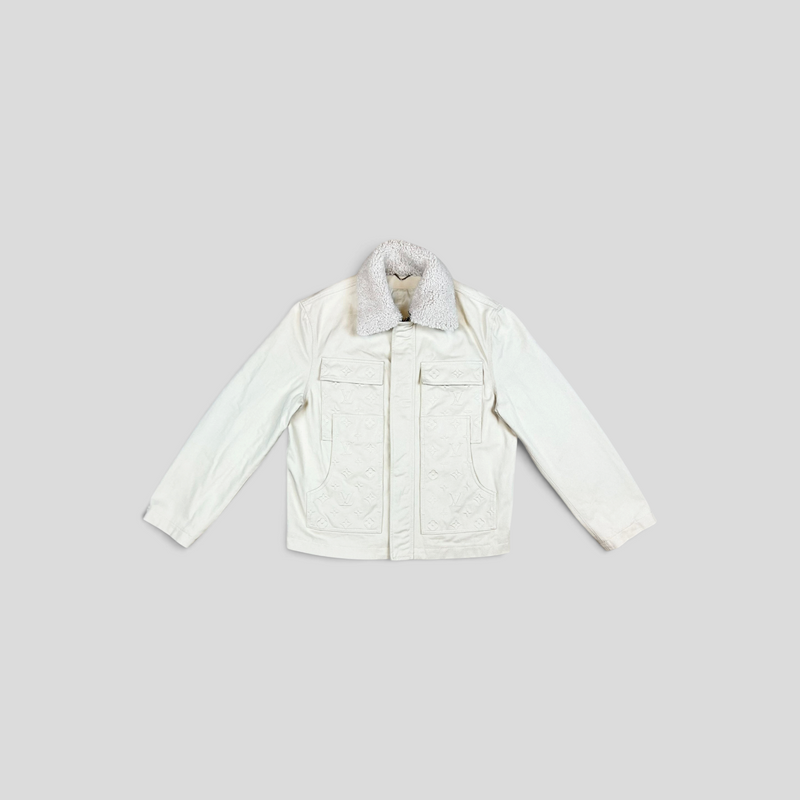 CLB XXIII Louis Vuitton off-white cotton workwear jacket with monogram pattern and white sherpa collar
