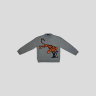 CLB XXIII Louis Vuitton grey wool pullover sweater featuring an orange and black tiger intarsia design