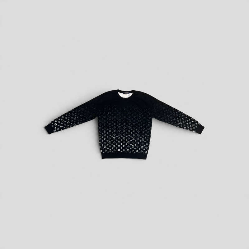CLB XXIII Louis Vuitton black long sleeve knit sweater featuring a white monogram degrade pattern in 100% cotton.