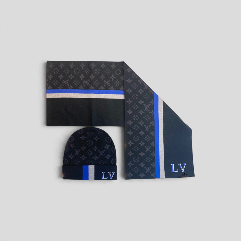 CLB XXIII wool varsity hat and scarf set in black with blue and grey stripe accents and LV monogram pattern