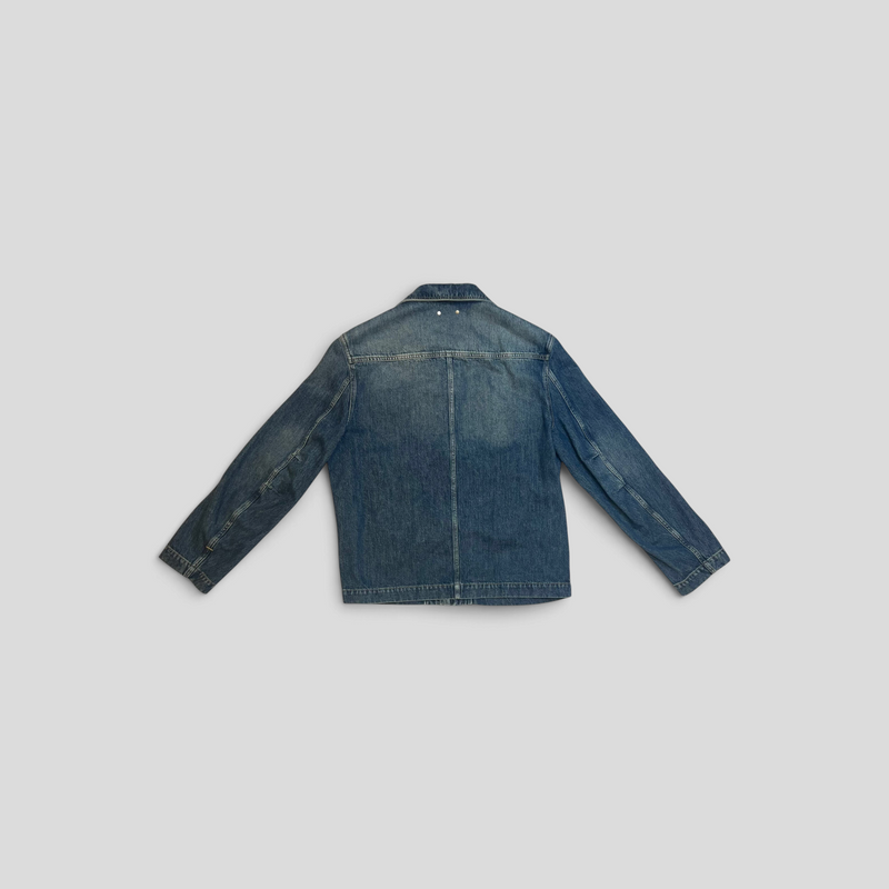 Back view of a CLB XXIII Louis Vuitton indigo blue monogram denim jacket made from 100% cotton.