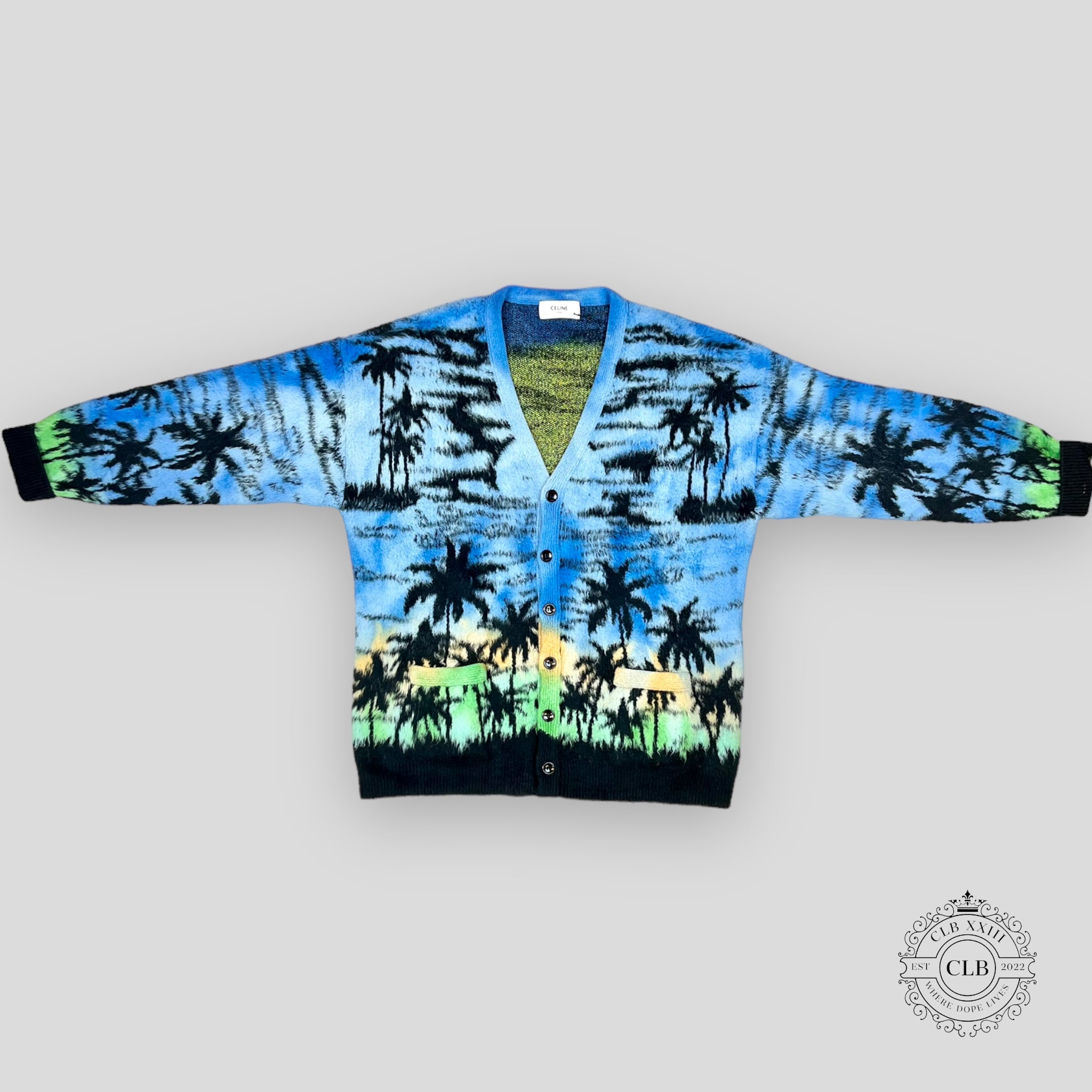 Celine Jacquard-Knit Palm Tree Cardigan in Blue