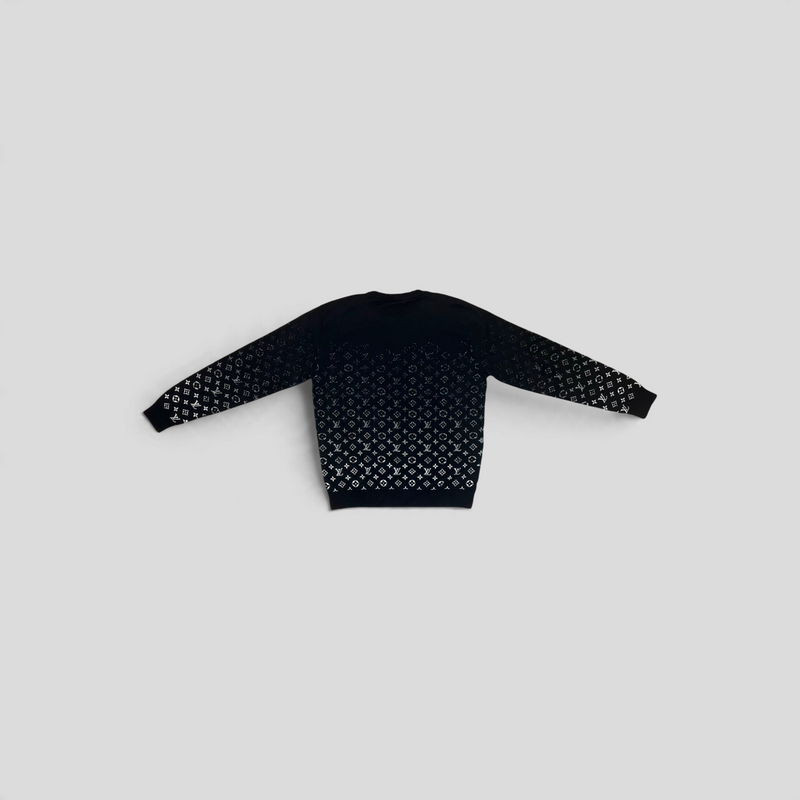 CLB XXIII Louis Vuitton black cotton long sleeve knit sweater with white monogram degrade pattern