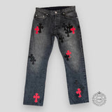 Chrome Hearts Cross Patch Jeans in Black/Red