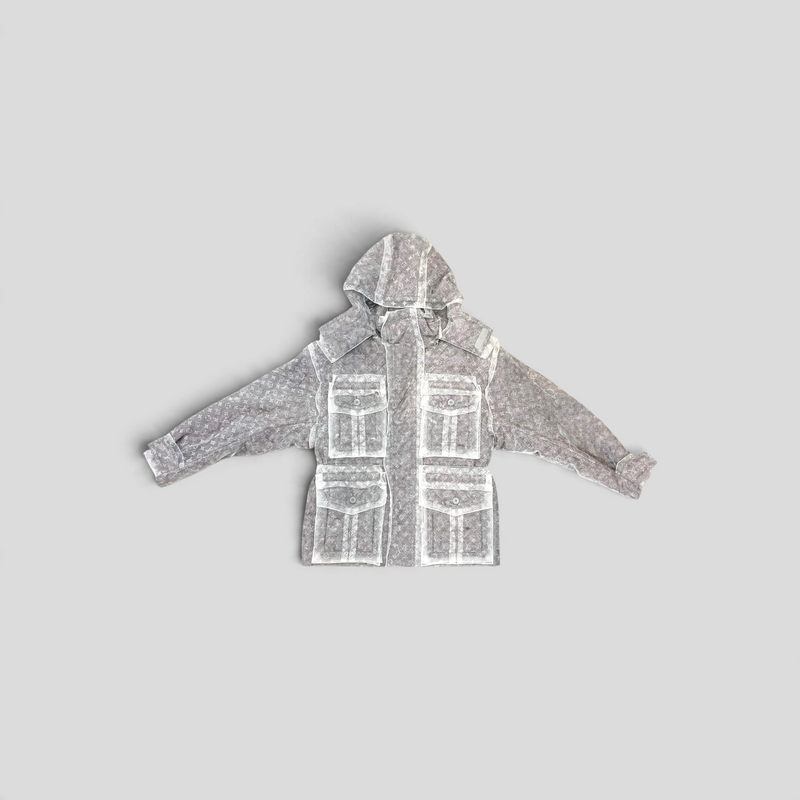 CLB XXIII Louis Vuitton grey monogram organza padded parka with hood and four front utility pockets