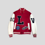 CLB XXIII Louis Vuitton MLK Dreaming varsity jacket in red wool with white calfskin sleeves and embroidered patches
