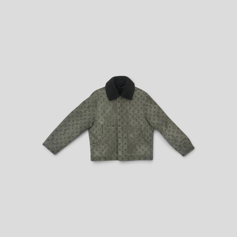 CLB XXIII Louis Vuitton olive shearling jacket featuring an all-over monogram pattern and a black fur collar.
