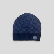 CLB XXIII Louis Vuitton navy blue wool beanie with iconic Damier checkered pattern and branded leather patch