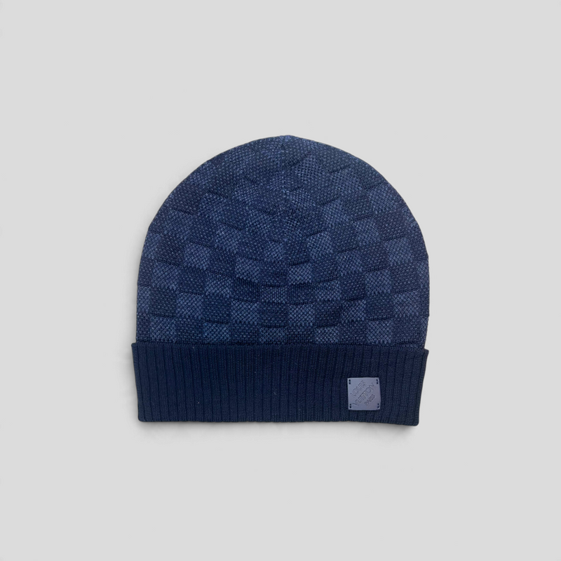 CLB XXIII Louis Vuitton navy blue wool beanie with iconic Damier checkered pattern and branded leather patch