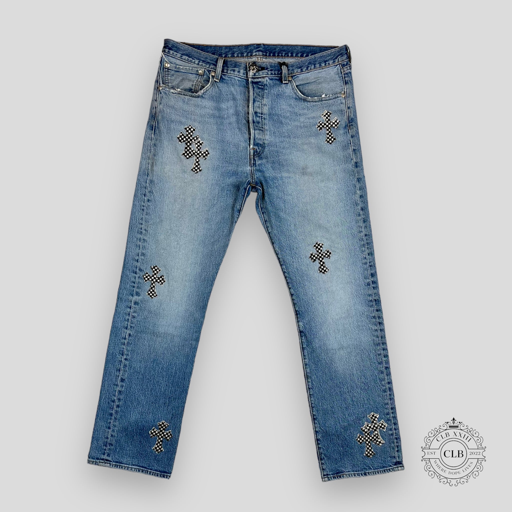 CHROME HEARTS X LEVI CHECKERED CROSS PATCH JEANS