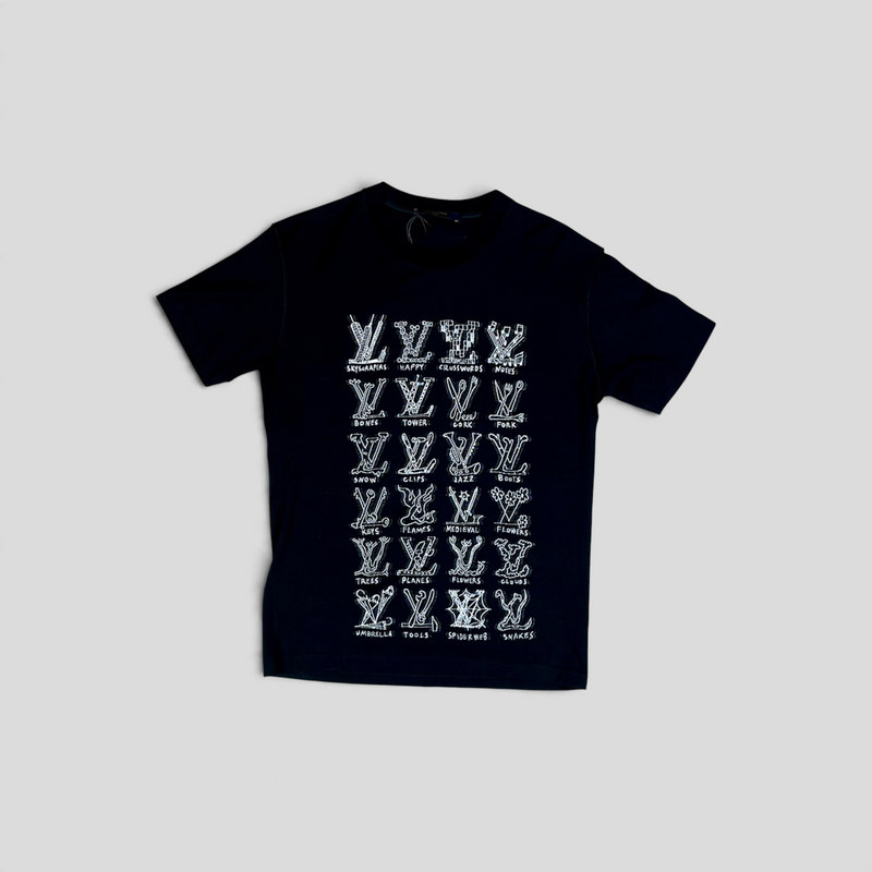 CLB XXIII Louis Vuitton black cotton t-shirt featuring a white graphic print of various cartoon-style logo designs.