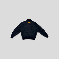 CLB XXIII Louis Vuitton black reversible bomber jacket with orange neck label and ruched sleeves