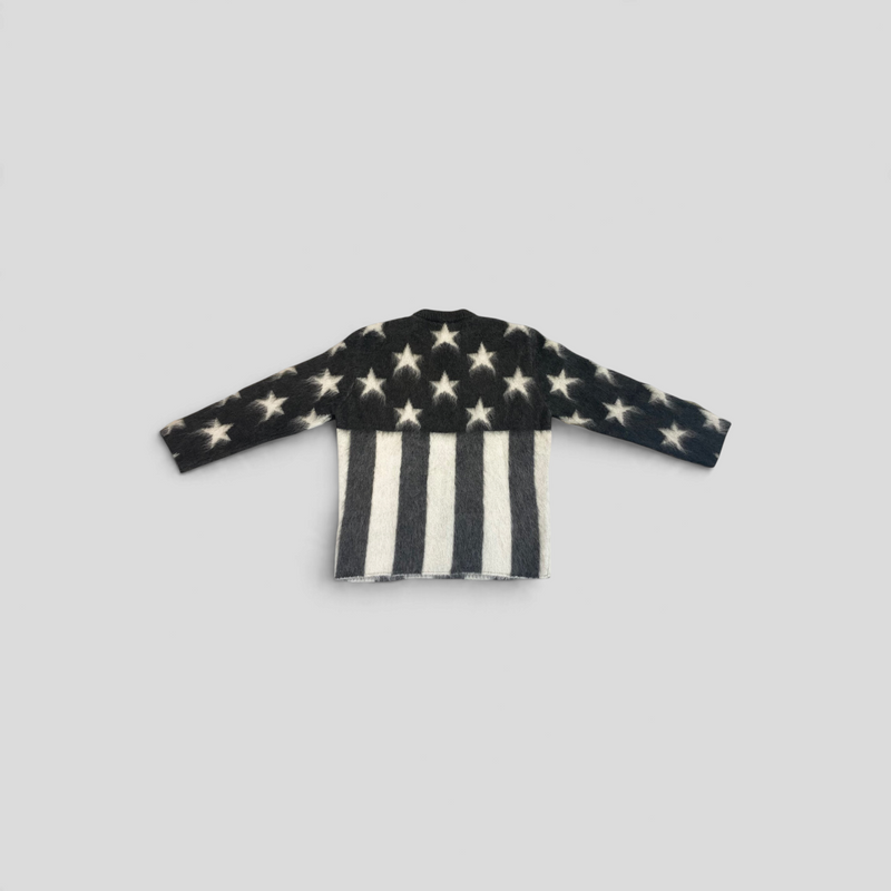 CLB XXIII Louis Vuitton grey mohair blend sweater featuring a USA flag star and stripe pattern, back view.