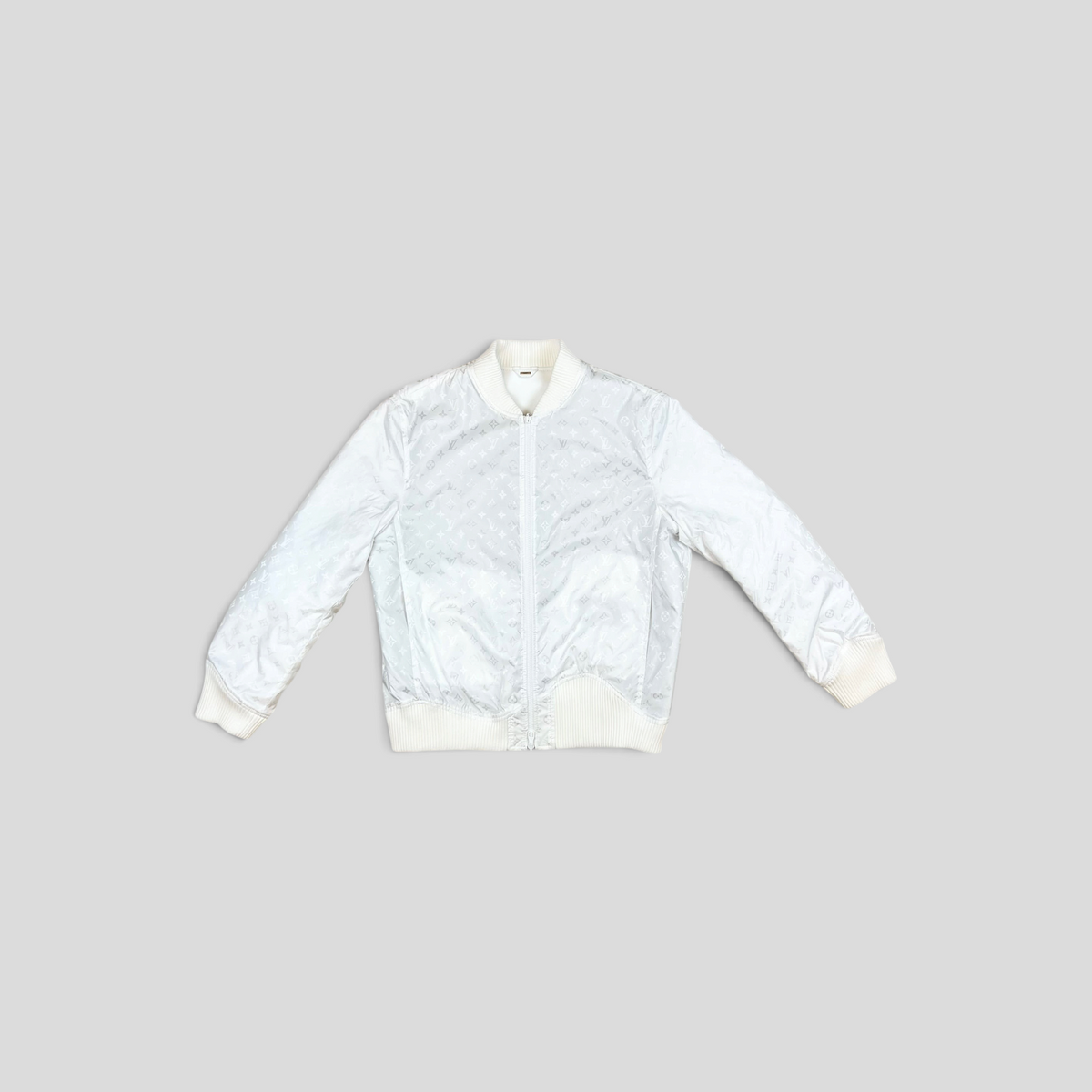 CLB XXIII Louis Vuitton white reversible bomber jacket featuring monogram nylon and bull leather construction