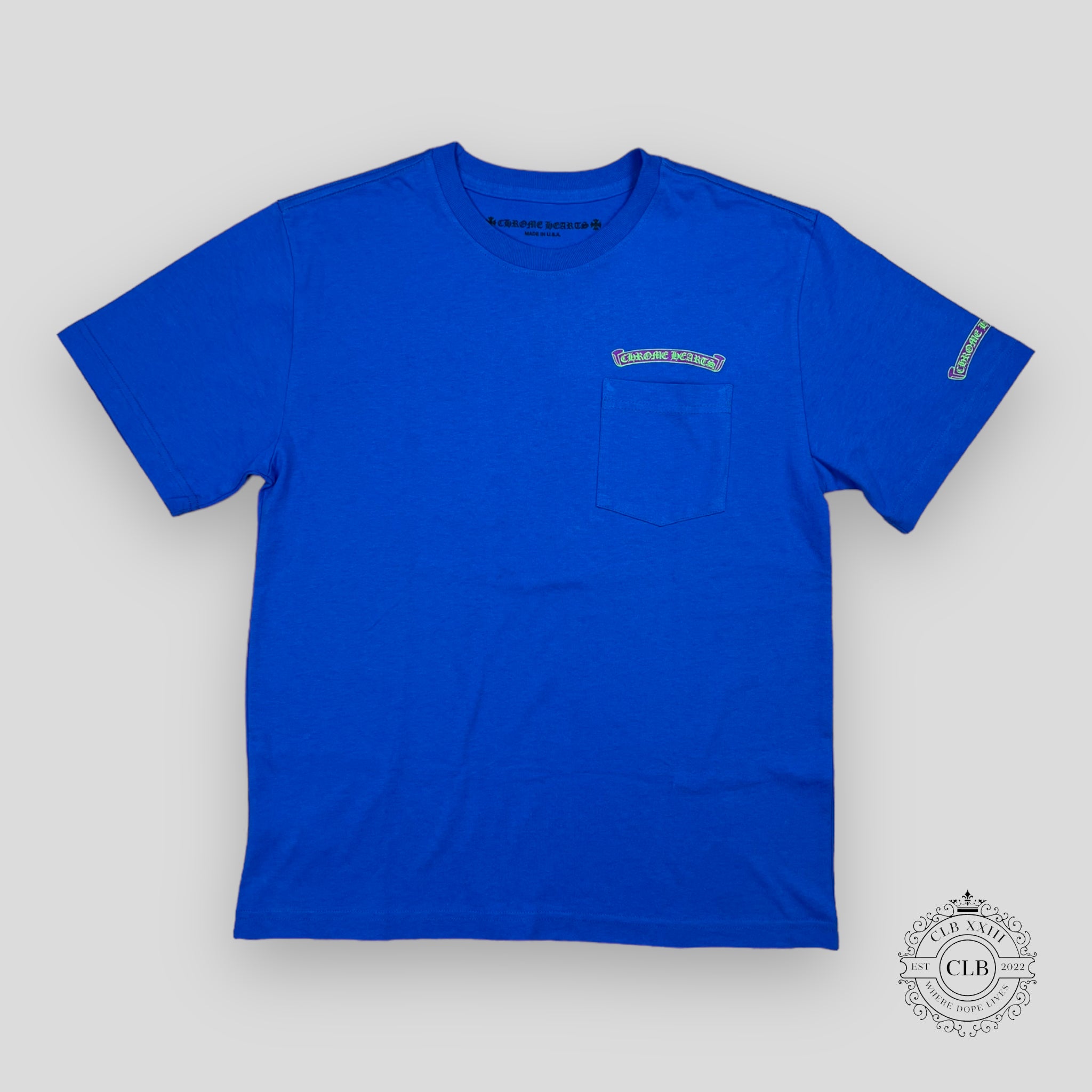 CHROME HEARTS SCROLL LOGO POCKET T-SHIRT - BLUE / PURPLE