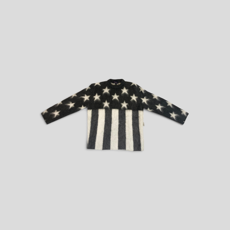 CLB XXIII Louis Vuitton grey mohair sweater featuring a white USA flag star and stripe pattern