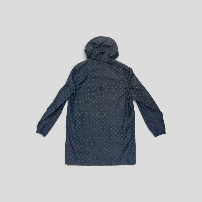 CLB XXIII Louis Vuitton black midlength nylon windbreaker featuring an all-over monogram print and hood.