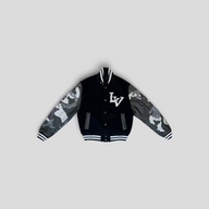 CLB XXIII Louis Vuitton wool varsity jacket with black body, camouflage sleeves, and chain link detailing.