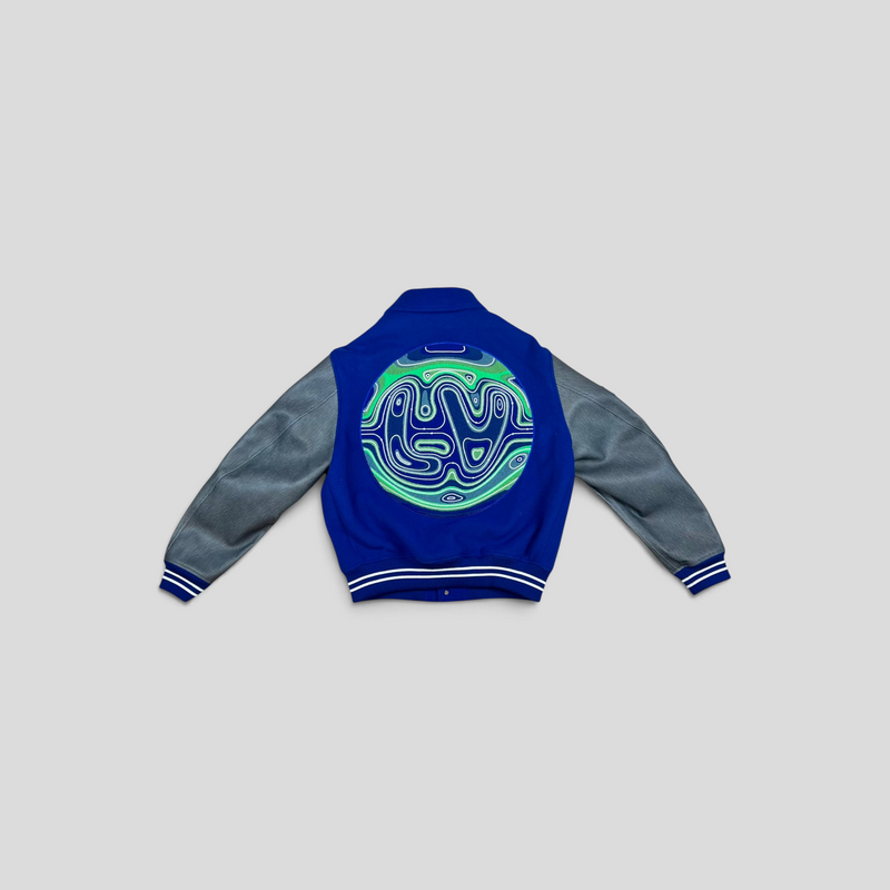 CLB XXIII blue wool and calfskin varsity jacket with a large green and blue circular embroidered back graphic
