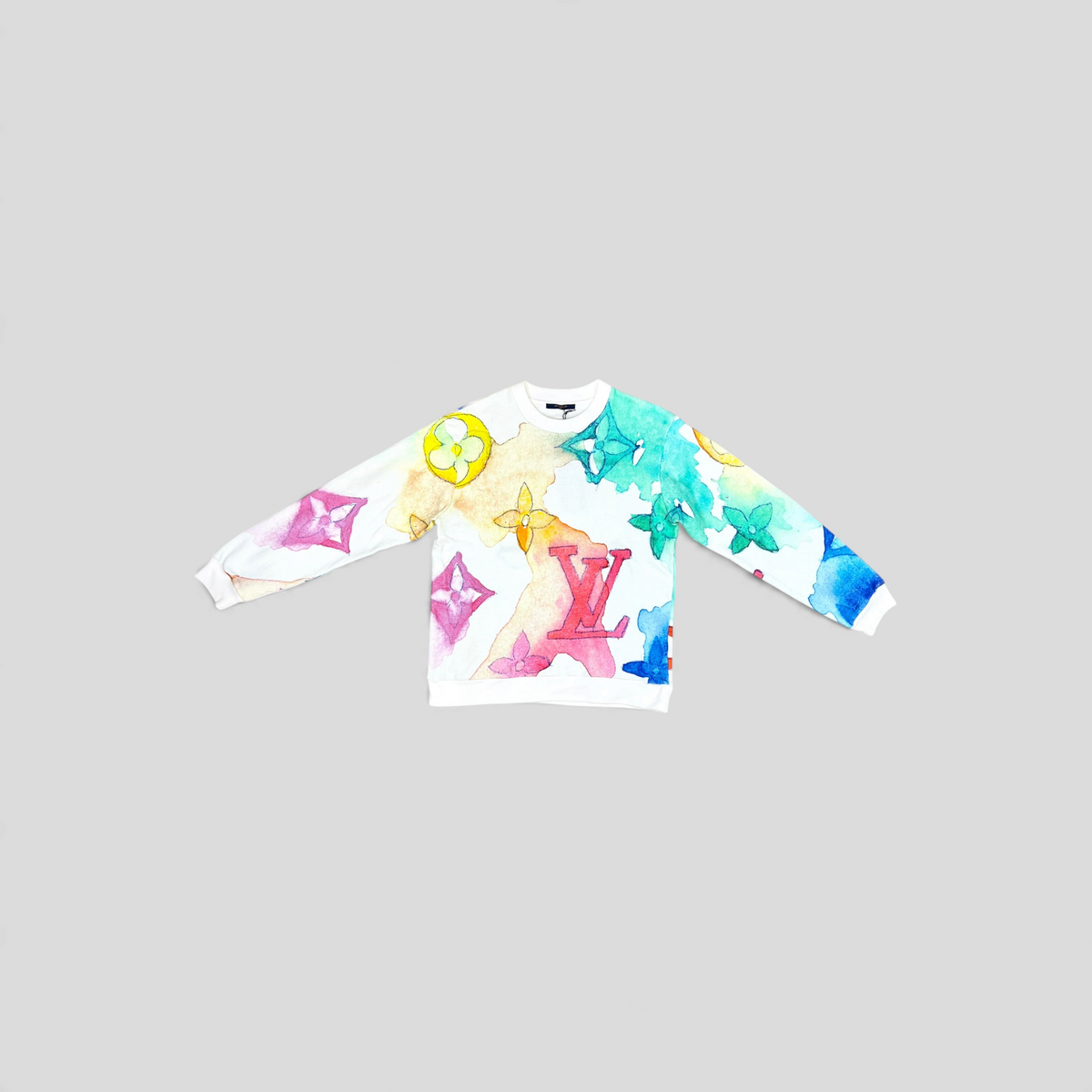 CLB XXIII Louis Vuitton watercolor monogram crewneck sweatshirt in white cotton blend with vibrant multi-color print