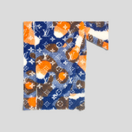 CLB XXIII Louis Vuitton fleece zip-up jacket featuring a blue, orange, and brown camo monogram jacquard pattern.