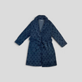 CLB XXIII Louis Vuitton blue monogram shearling overcoat with a belted waist and lapel collar.
